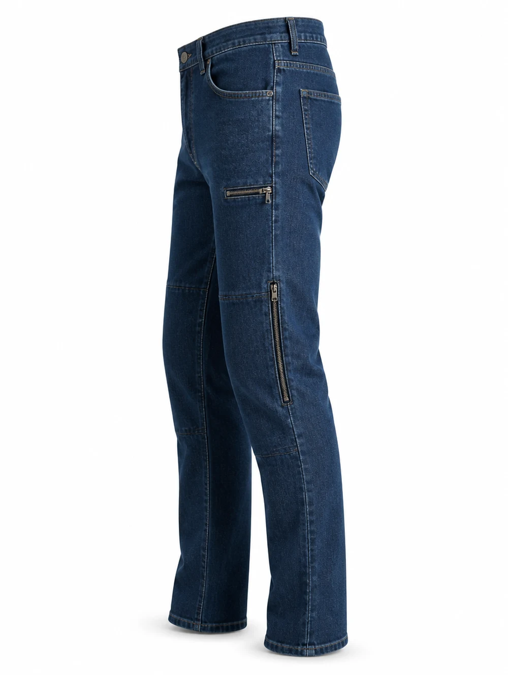 A calça de lado, com o bolso e o zíper do joelho