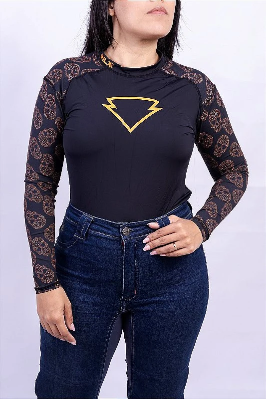 Blusa Segunda Pele Feminina Caveiras Estrelas Laranja da HLX