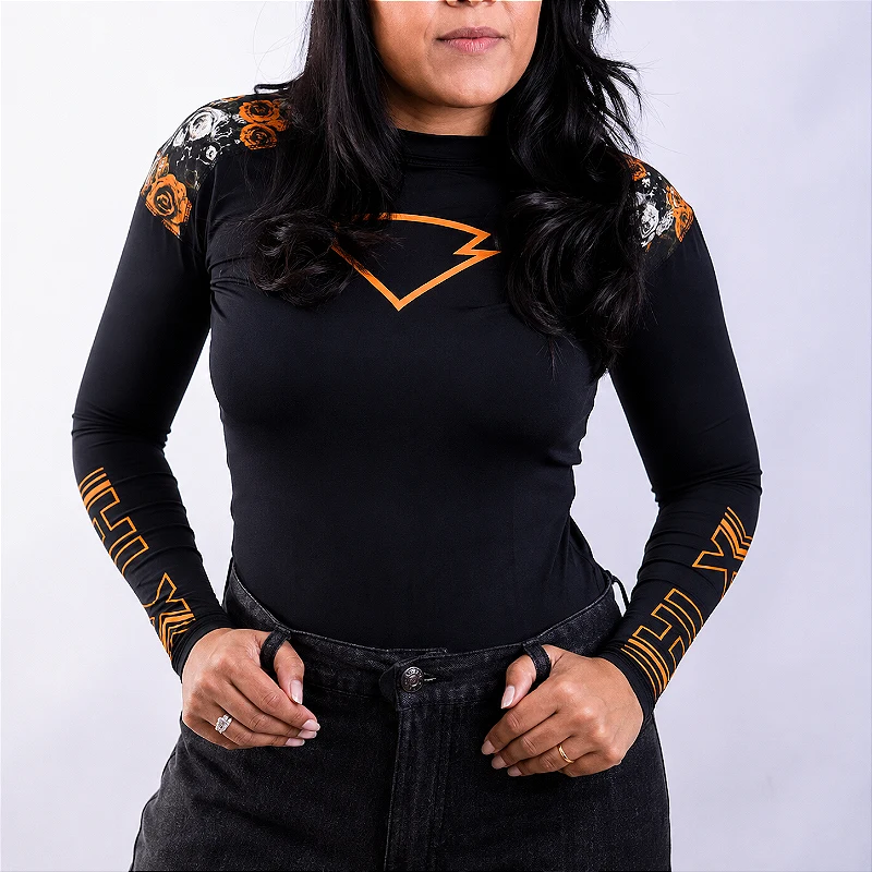 Blusa Segunda Pele Feminina Caveiras e Rosas Laranjas da HLX